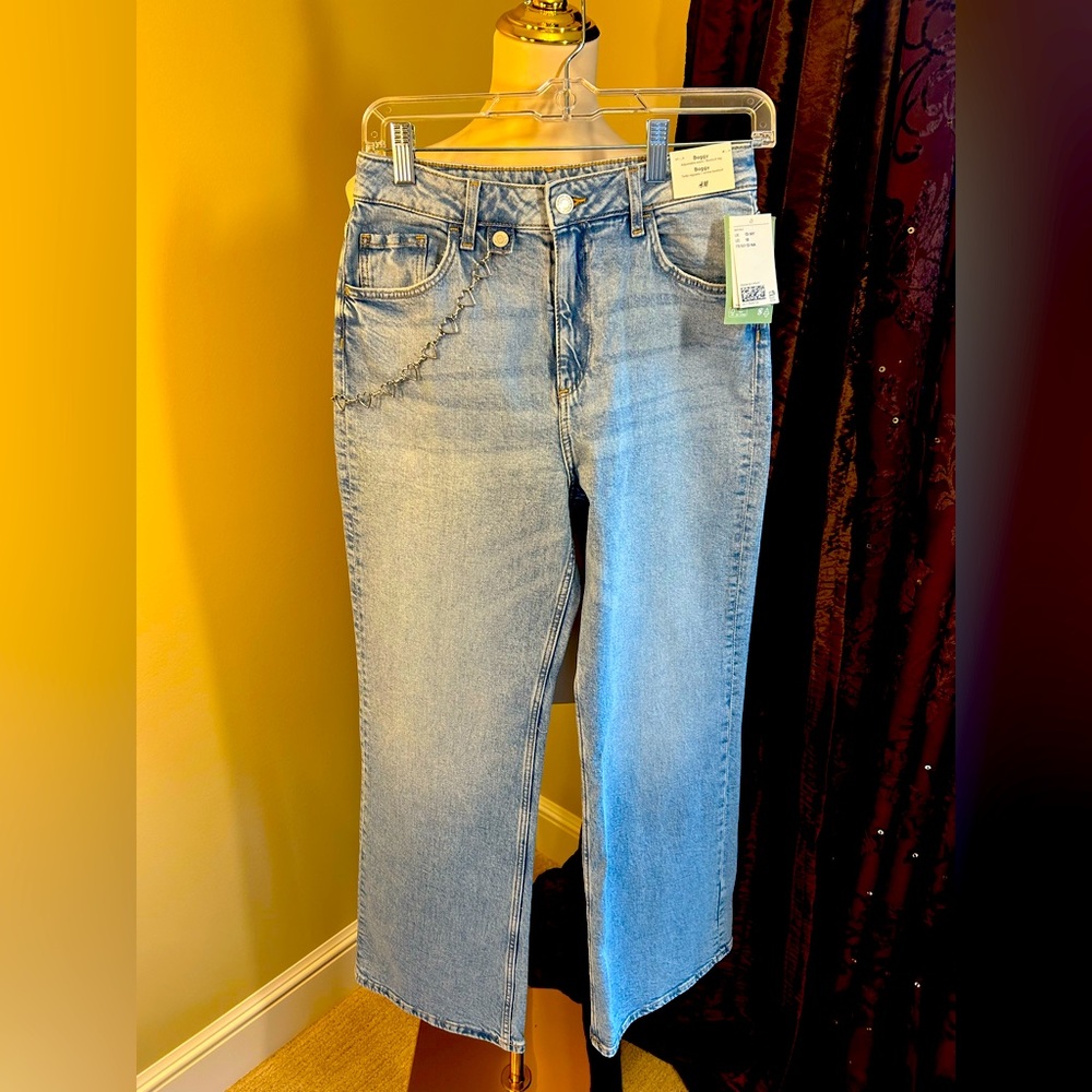 H&M Girls Bootcut Baggy Jeans Light Blue with adj waist and silver chain